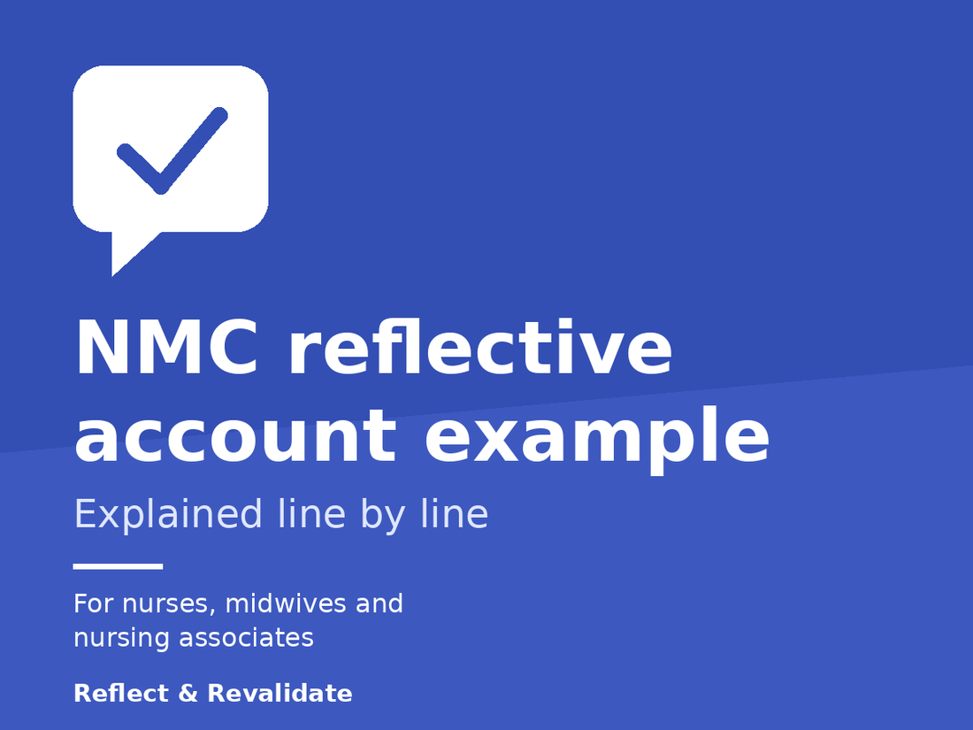 Blue graphic with a speech bubble and tick, reading NMC reflective account example explained line by line