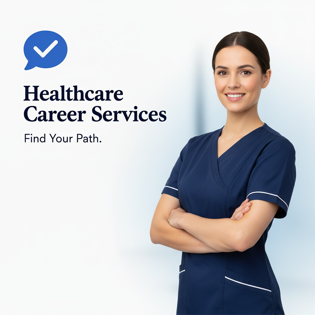 Professional nurse representing healthcare career services with a confident smile, promoting empowering career pathways for healthcare professionals. Explore our comprehensive healthcare career services.