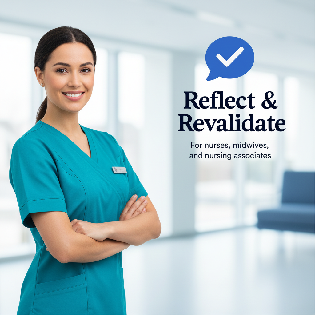 A confident nurse in scrubs smiling with crossed arms, promoting the NMC Revalidation Confirmer Service, designed for nurses, midwives, and nursing associates to Reflect & Revalidate seamlessly.