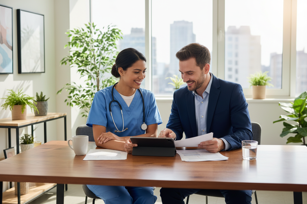 Nurse discussing NMC revalidation portfolio evidence during a consultation call