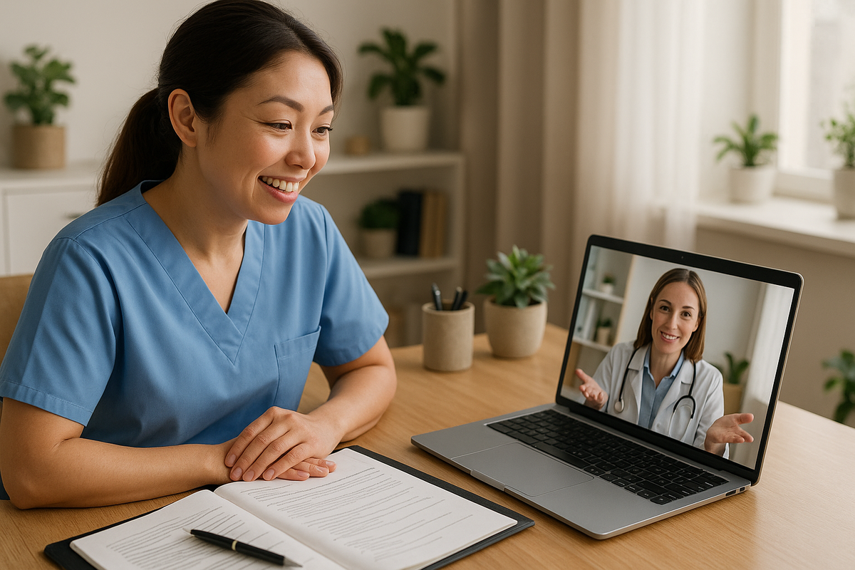 Healthcare professional having video consultation for NMC portfolio review in supportive home office setting