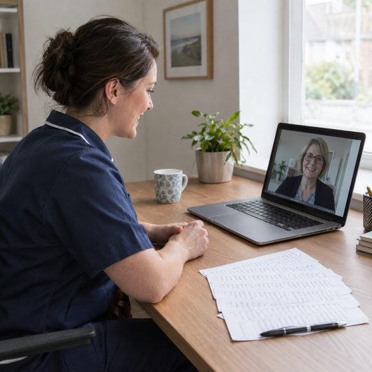 Photo-style image of a nurse having a reflective discussion over video call at a desk