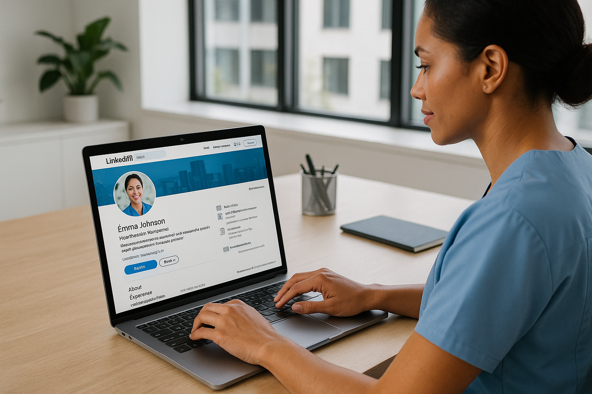 Healthcare professional using LinkedIn on laptop showing optimized profile for digital professional branding