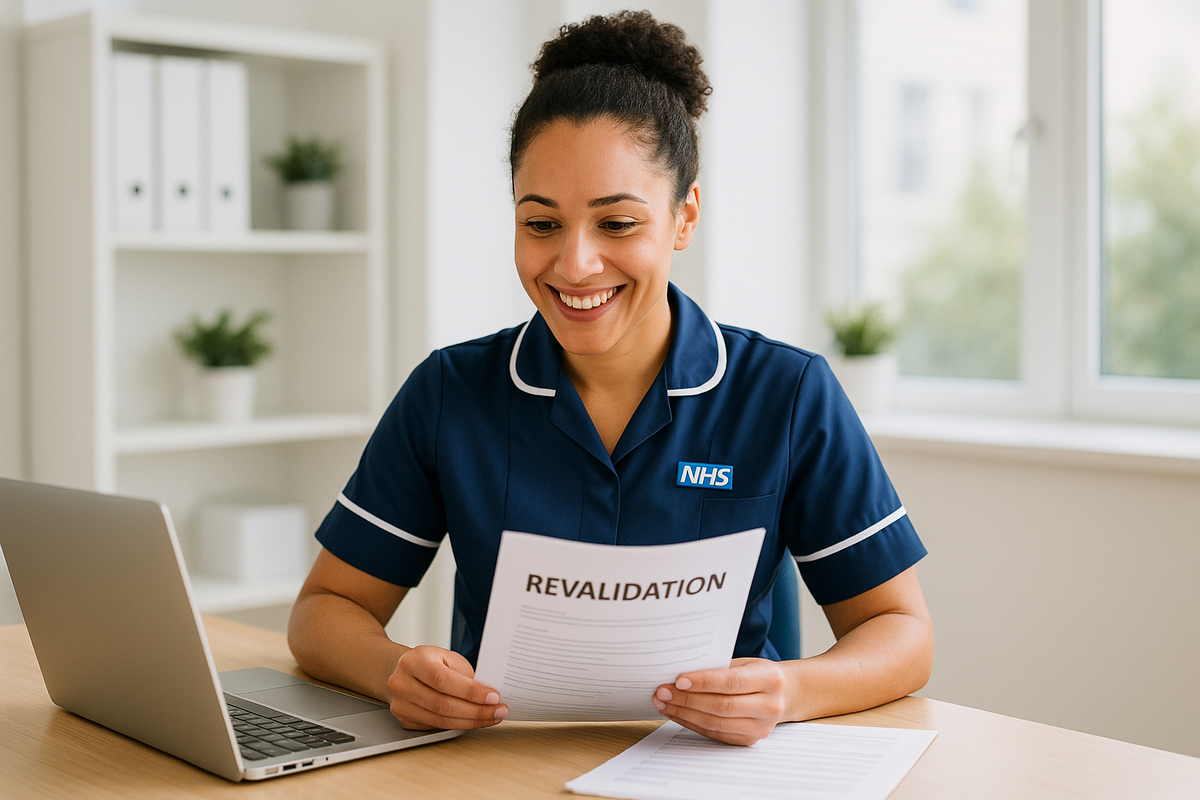 Professional nurse reviewing NMC revalidation documents at desk with laptop in UK healthcare setting