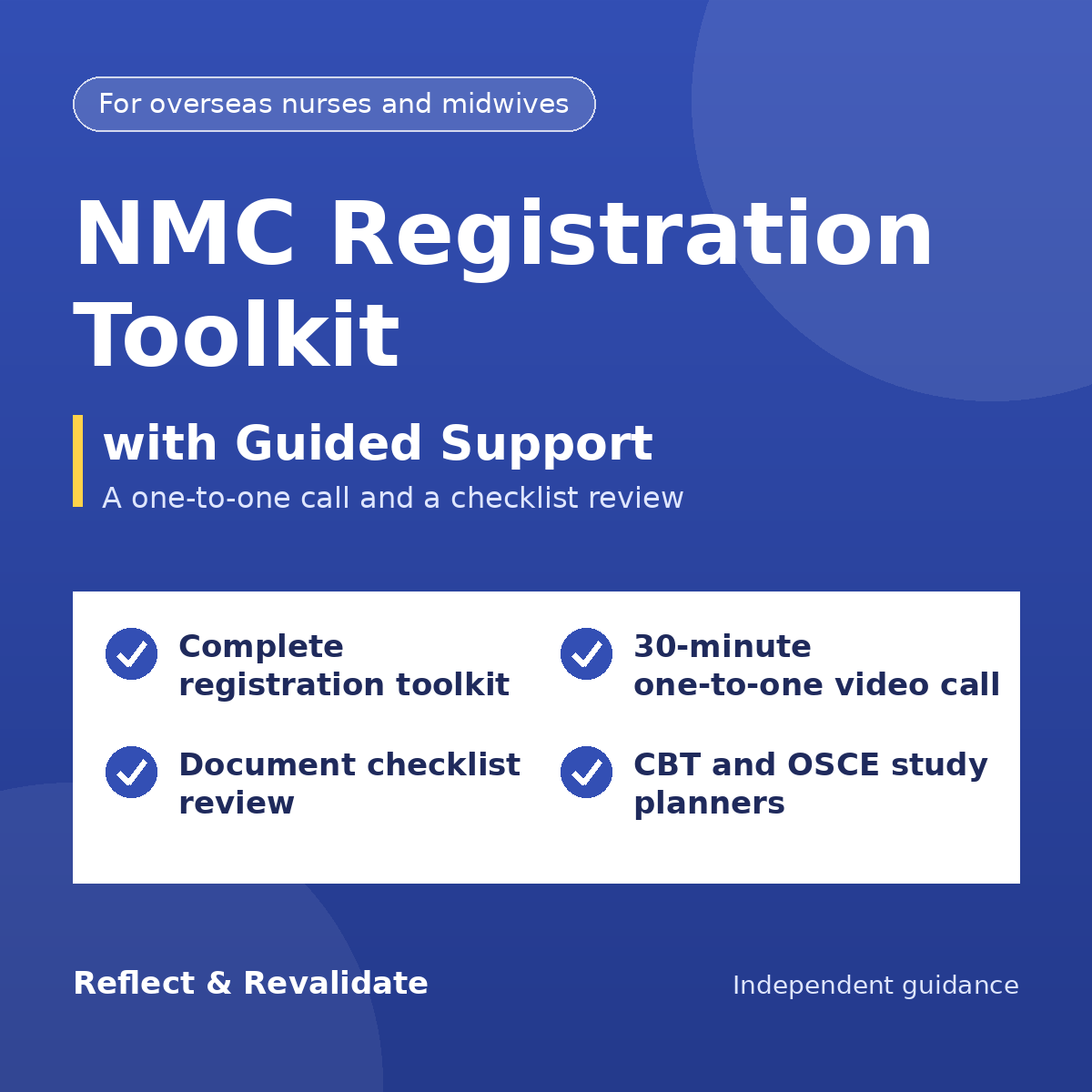 Blue graphic reading NMC Registration Toolkit with Guided Support, listing the toolkit, a 30-minute one-to-one video call, a document checklist review and CBT and OSCE study planners